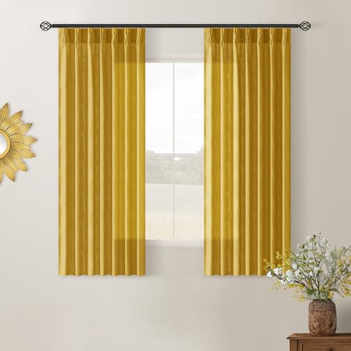 Image of Mustard Yellow Pinch Pleated Linen Sheer Curtains 45 Inch Length 2 Panels | for Kitchen Small Bay Window Basement, Pinch Pleated with Hooks Rings Back Tab, Memory Shape, Thick Linen Semi Sheer, W40xL45