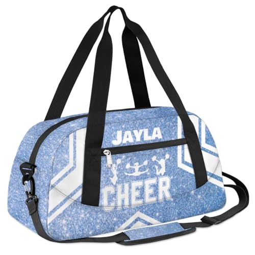 Personalized Cheerleader Bag for Girls Kids, Custom Dance Bag Overnight Small Duffel Bag Carry On Weekend Sports Travel Bag for School Practice Gymnastics Ballet, Cheer Blue Glitter 32