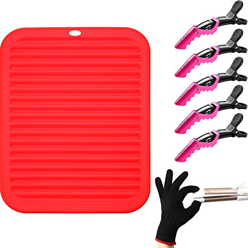 Heat Resistant Mat for Hair Styling, Silicone Mat with Heat Resistant Glove and Non-Slip Large Hair Clips for Styling Hair Curling Iron Straightener Flat Iron (Red)