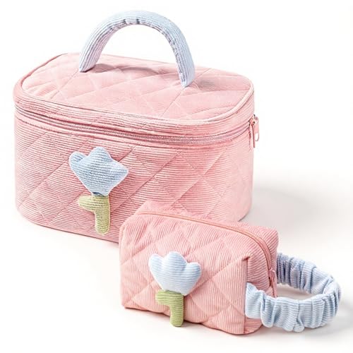 Image of MAYCREATE Makeup Pouch Bag, 2Pcs Soft Corduroy Travel Makeup Bag Set, Cute Toiletries Wash Bag Pouch, Stylish Cosmetic Storage Bags for Daily or Travel