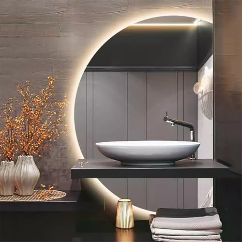 Dimmable Tricolor LED Bathroom Mirror with Anti-Fog, Smart Touch Control, Modern Semicircle Design, Perfect for Bedroom, Living Room, Entryway (32x47in, Rightcut)
