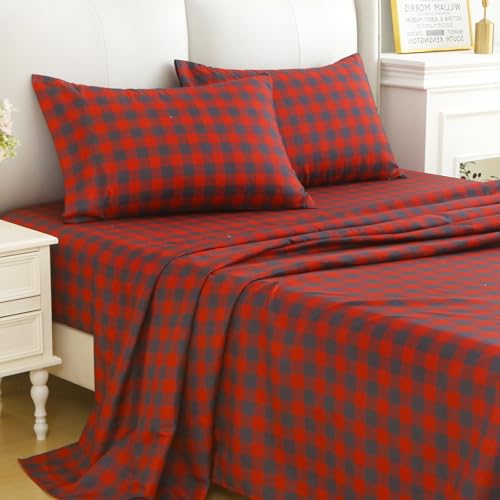Image of MUXHOMO TwinXL Size 4 Piece Sheet Set, Soft Breathable Bed Sheet Set for Bedroom with Deep Pocket Up to 16 inch, Wrinkle-Free & Cooling Bedding for Oeko-TEX Certified - Red Plaid