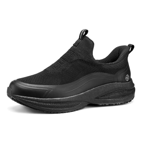 NINGO Zapatos de trabajo antideslizantes para hombre, ligeros, transpirables, cómodos, impermeables, con soporte de arco, para servicio de alimentos, restaurante, cocina, al aire libre, trabajo, Negro