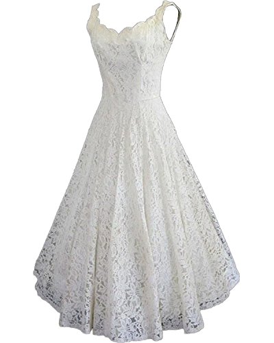 CoCogirls Spitze Tee-Länge Kurz Strand Hochzeitskleid Brautkleid Hochzeitskleider Braut Abendkleid Partei-Kleider Ballkleid (44, Weiß) Cover