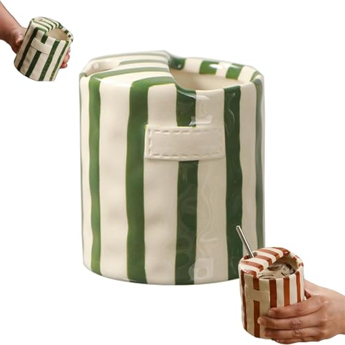 Pishengfa - Pishengfa Retro Striped Hand-Painted Ceramic Mark Hand-Held Cup, 10oz Ceramic Coffee Mugs Porcelain Coffee Cup Hand-Painted Striped Art Multiple Use for Kitchen (Green)