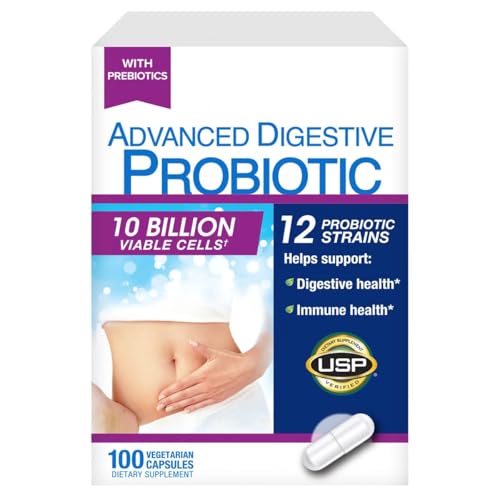Advanced Digestive Probiotic 12 Strains 10 Billion Viable Cells Gluten Soy and Dairy Free - 100 Capsules