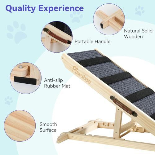 Pawaboo Hunderampe, Tragbare Haustiertreppe aus Holz, 4 Verstellbare Höhen 11.6' - 22.4', Haustierrampe für Kleine Mittelgroße Hunde mit Anti-rutsch bis 143lbs, Hundeeinstiegshilfe Auto Bett Sofa