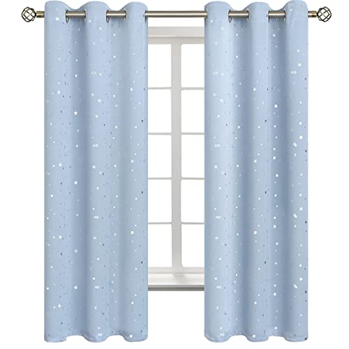 Image of BGment Star Room Darkening Curtains for Kids Bedroom - Grommet Thermal Insulated Silver Star Print Kids Curtains for Living Room, Set of 2 Panels, Baby Blue, 42 x 63 Inch