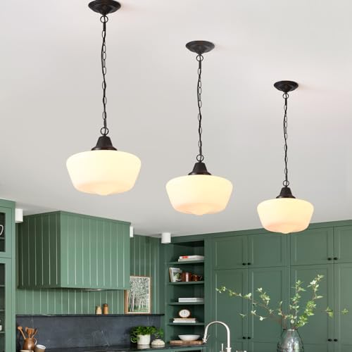 BinoBro Schoolhouse Pendant Fixture, 12 Inch Black Finish with Milk Glass Adjustable Mid Century...
