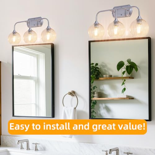 Image of MantoLite 3-Light Brushed Nickel Vanity Light,Ribbed Glass,E26 Hardwired | Bathroom Mirror Wall Lamp with Clear Glass Shade,Bathroom Light Fixtures Over Mirror ,Bulb not Included(Max 60W)