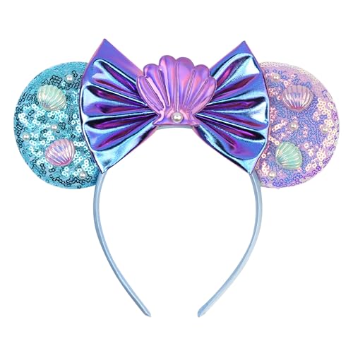 zhezesmila Iridescent Mermaid Mouse Ears Headband Sequin & Seashell Costume Accessory Ears for Women & Girls Ocean Princess Theme Park Outfit