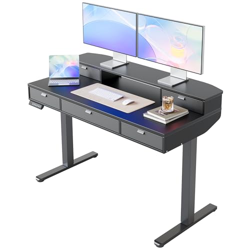 Image of HUANUO 48 x 24 inch Electric Standing Desk with 4 Drawers, Adjustable Height Sit Stand Home Office Desk with Two Tiers, Ergonomic Adjustable Stand up Desk C-Clamp Monitor Mount Compatible, Black