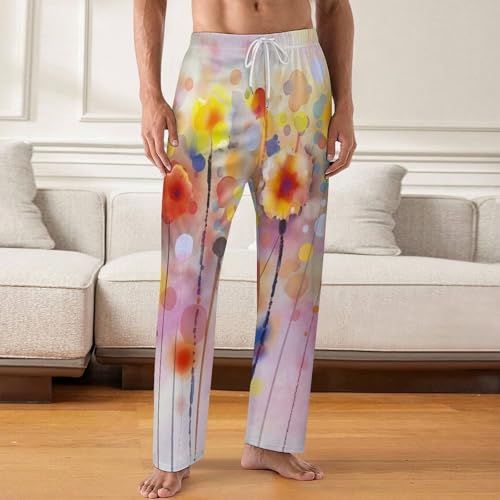 Bagea-Ka Watercolor Poppy Flower Pattern Mens Pajama Pants Lounge Sleep Long Pants with Pocket Loungewear2