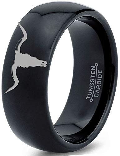 Longhorn Texas Bull Horn Ring - Tungsten Band 8mm - Men - Women - 18k Rose Gold Step Bevel Edge - Yellow - Grey - Blue - Black - Brushed - Polished - Wedding - Gift Dome Flat Cut