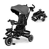 Kinder King Kids Tricycle, 8 in 1 Folding Toddler Trike w/Adjustable Push Handle, Rotatable Seat, Adjustable Canopy, Bell, Five-Point Harness, Storage, Bike Tricycle for Toddlers 1-3, Grey