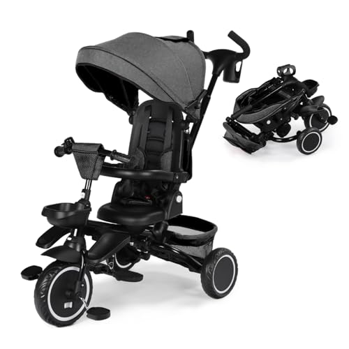 Kinder King Kids Tricycle, 8 in 1 Folding Toddler Trike w/Adjustable Push Handle, Rotatable Seat, Adjustable Canopy, Bell, Five-Point Harness, Storage, Bike Tricycle for Toddlers 1-3, Grey