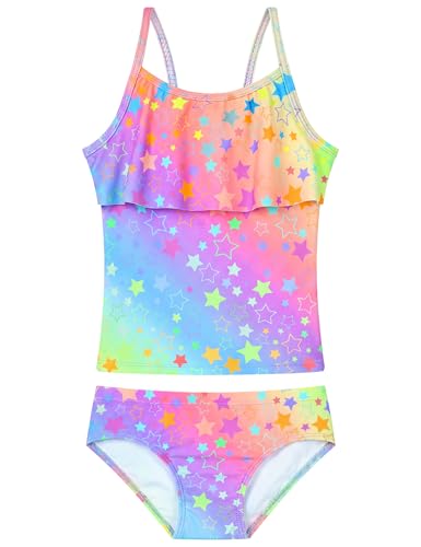 Image of Girls Tankini Swimsuit UPF50+ Ruffle 2 Piece Bathing Suit Full Coverage Kids Swimwear Ages 2-14 Years