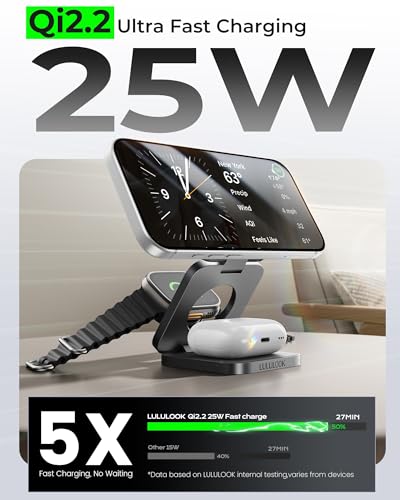 Image of 3 in 1 Charging Station for Apple - Qi2.2 25W Magnetic Wireless Charger for iPhone 17 /16-12, Apple Watch, AirPods, Travel Fast Charging Foldable Stand with 45W GaN Adapter, Aluminum Alloy Design