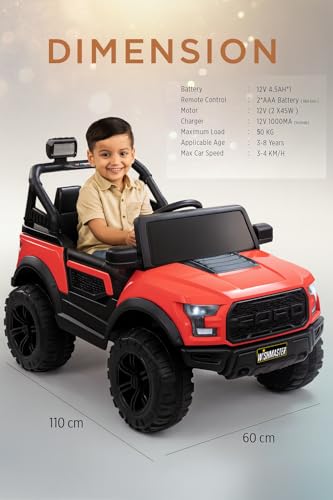 Image of Wishmaster Kids 4x4 Ride-On Jeep Car - 12V Electric Battery Operated Toy with Remote Control, LED Lights, Music, Suspension & Big Wheels | Off-Road Jeep for Boys & Girls (2-8 Years)