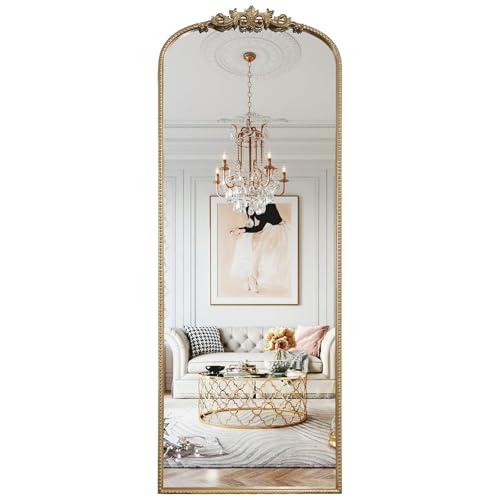Image of WallBeyond Arched Full Length Mirror Wall Mounted, 21x56 Inch Gold Antique Mirror, Vintage Metal Frame Full Body Mirro for Bedroom, Living Room, Hanging or Leaning