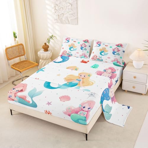 Image of jejeloiu Mermaid Bed Sheets Set Full Size Mermaid Tail Deep Pocket Fitted Sheet Sea Animal Bedding Sets Ocean Theme Soft Bed Set 4Pcs with 2 Pillow Cases