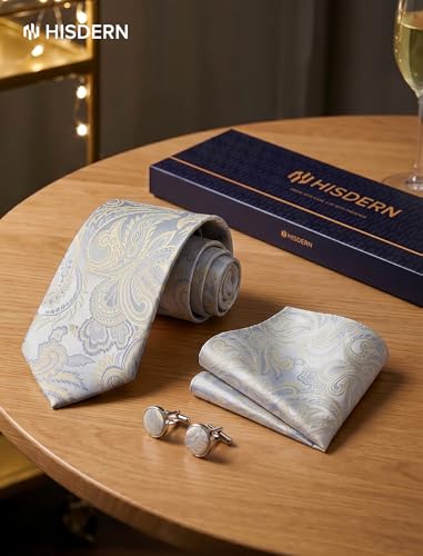 Image of HISDERN Ties for Men Paisley Tie and Pocket Square Cufflinks Set Formal Classic Floral Necktie Handkerchief Wedding Party