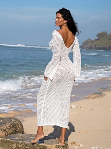 Womens V Neck Bell Sleeve Crochet Maxi Dresses Long Dress Hollow Out Summer Beach Vacation Cover Up4