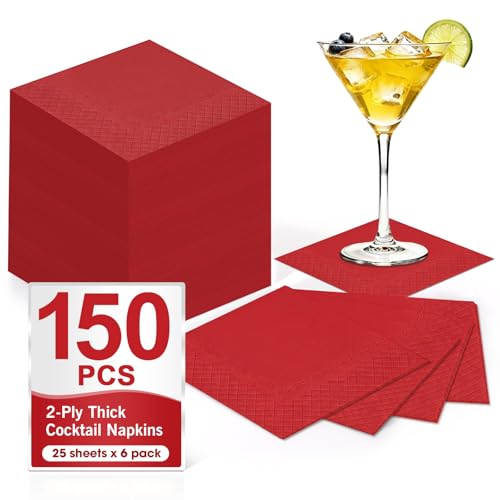 150 Count Red Cocktail Napkins Paper 2-Ply Red Beverage Napkins Napkins Disposable for Bar Wedding Dinner Party Holiday Christmas and Everyday 4.5x4.5 Inch