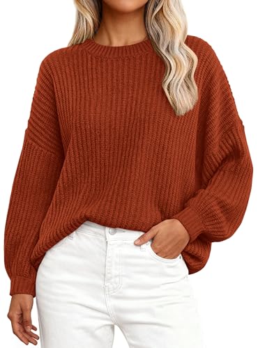 Image of PRETTYGARDEN Fall Sweaters for Women 2025 Fashion Long Sleeve Casual Ribbed Knit Winter Clothes Pullover Jumper Tops (Rust Red,Large)