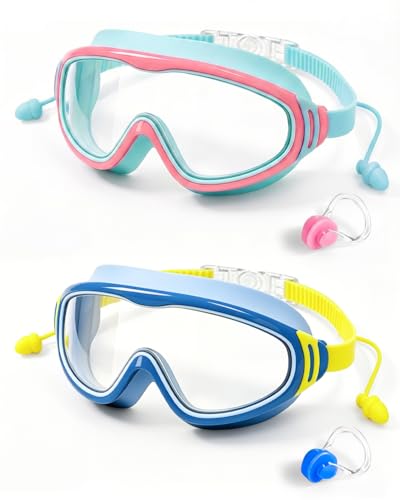 Maraiss 2 Pack Kids Swimming Goggles 4-16 Adjustable Soft Silicone, Anti-Fog Anti-UV Wide Clear View Children's Goggles with Ear and Nose Plugs for Girls Boys