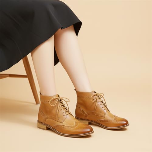 Image of Mona flying Women's Leather Brogue Ankle Boots Lace-up Oxford Booties