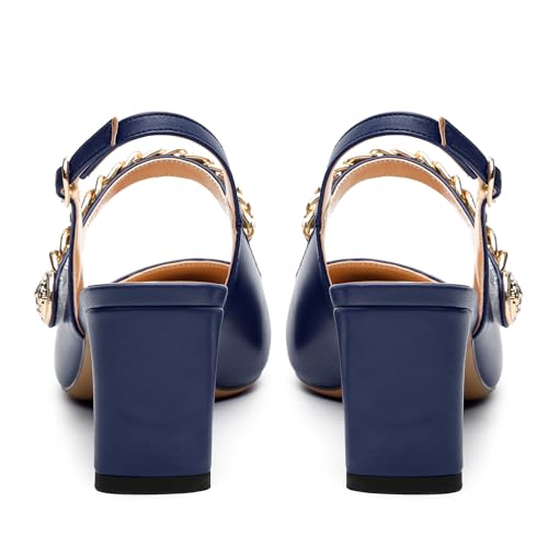 Womens Slingback Pumps, Pointed Toe Mid Chunky Heels Metal Chain Adjustable Strap Buckle Dress Shoes for Ladies Office Wedding Evening 2.5 Inch4
