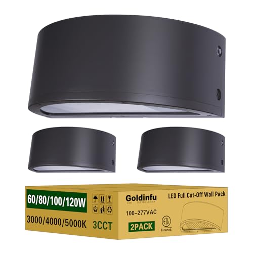 120W Full Cutoff LED Wall Pack Light 2Pack, 3000/4000/5000K 3CCT, 60/80/100/120W Selectable, Commercial Half Moon Wall Pack Lights Outdoor LED Wall Lights for Building Parking,100-277V,ETL Listed by Goldinfu - Used condition - US$199.99