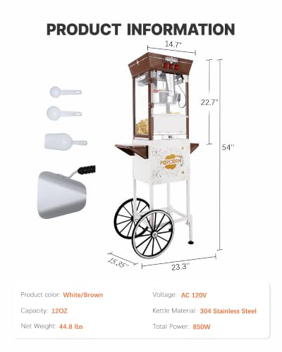 Image of 12 oz Commercial Popcorn Machine Cart with Candy Dispenser, Pop Corn Machine Maker Makes Up to 48 Cups, Movie Theater Popcorn Machine with 3-Switch Control&Stainless-Steel Kettle, White