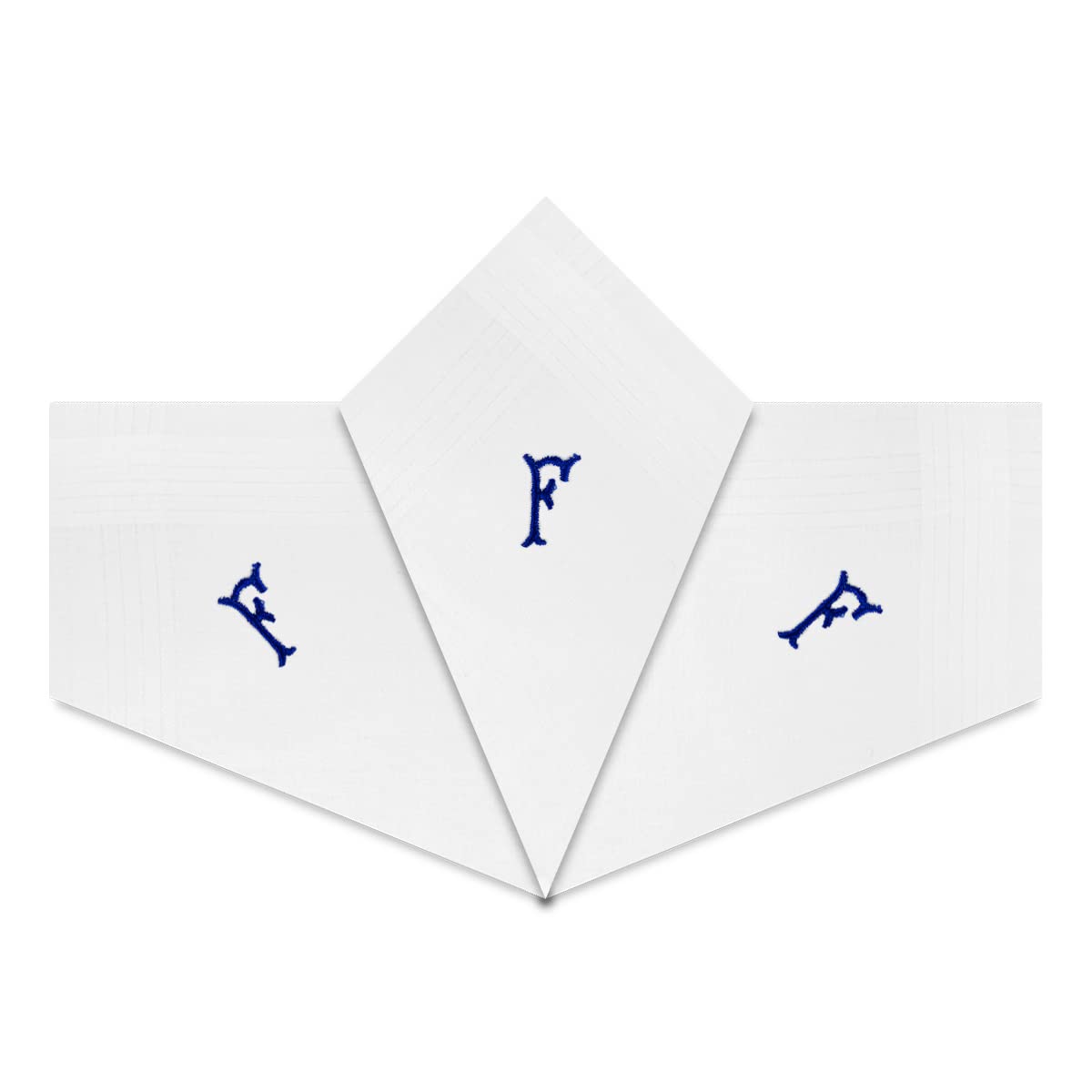 Warwick & Vance 3 Pack Of Mens/Gentlemens White Satin Bordered Handkerchiefs With Blue Embroidered Initials, Letter F