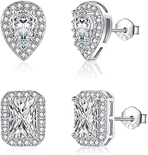 Sterling Silver Stud Earrings for Women Girls, Square Teardrop Cut Cubic Zirconia Simulated Diamond Halo Stud Earrings Set | Dainty Costume Wedding Prom Jewelry for Bride Bridesmaid Bridal