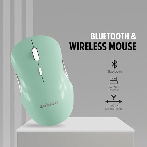 Image of Zebion Connect-3 Triple Mode /Multidevice Mouse,Rechargeable Battery with Type C Cable,Upto 2400 DPI, Silent Click, Ergonomic Design (Bluetooth 5.3 +Bluetooth 5.3, 2.4GHz Wireless) (Green)