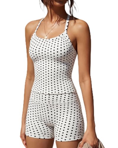 Image of SUUKSESS Women 2 Piece Workout Sets High Waisted Tummy Control Biker Shorts Halter Padded Tank Tops