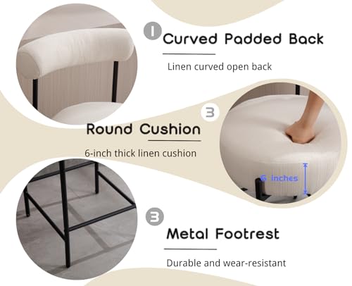 EALSON Modern Counter Height Bar Stools Set of 2 Linen Upholstered Barstools with Curved Open Back/Round Seat Fabric Comfortable Bar Chairs for Kitchen Island, 26 Inch Beige