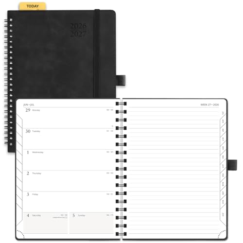 POPRUN Weekly Planner 2026-2027, 6.5" x 8.5", (July 26-June 27) Academic Weekly and Monthly Planner, Calendar Notebook 2026-2027 Agenda for School, College, Spiral Leather Softcover - Black