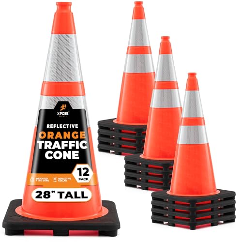 Image of Xpose Safety 28 inch Orange Traffic Cones, 12-Pack, 6 inch & 4 inch Collar