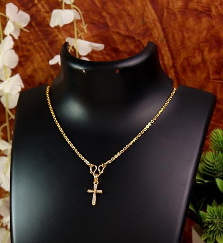 Image of CUTE GOLD One Gram Micro Gold Plated Men Style Lord Jesus Cross Stone Pendant Chain For Mens And Womens (18 inch)(DC-1190)