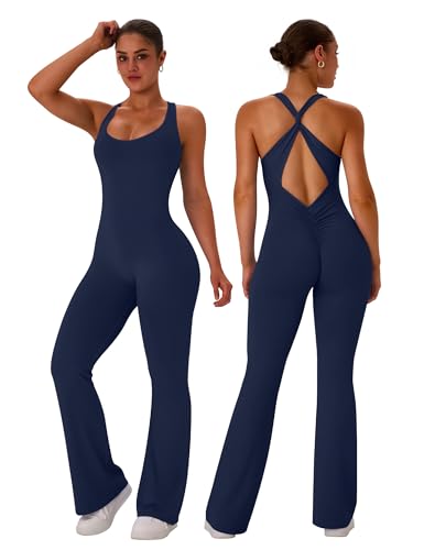 TDIFFUN Flare Workout Jumpsuits for Women One Piece Sleeveless Scrunch Butt Lifting Gym Bodysuit Sexy Backless Yoga Outfits - Navy Blue Medium
