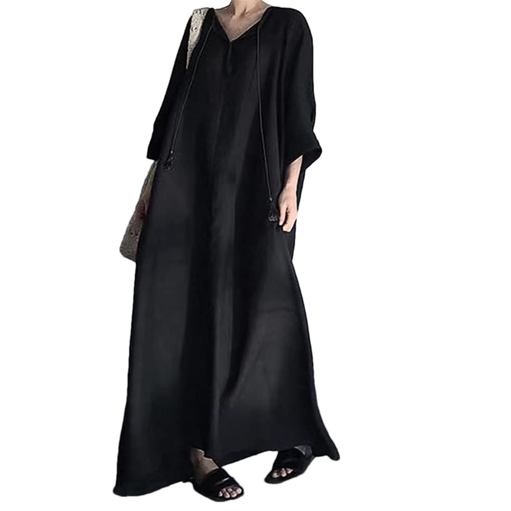 Robe d'été coréenne ample et vintage à col en V noir - 6