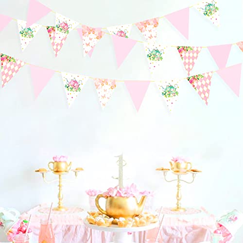 Image of Spring Tea Party Decorations Pink and Gold Floral Flower Butterfly Teapot Teacup Plaid Paper Triangle Flag Pennant Banner Bunting for Spring Birthday Wedding Bridal Baby Shower Engagement Tea Party
