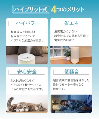 【優しくうるおす】 ハイブリッド 加湿器 3.7L 大容量 加熱式 超音波 多機能 消灯モード 上部給水 最大加湿量300ml/h アロマ対応 12時間連続加湿