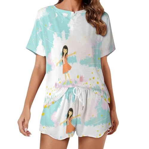 Ensemble de pyjama pour femme à motif de bande dessinée manches courtes
