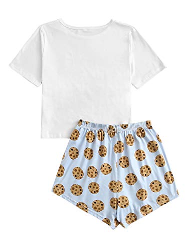 Romwe Women's 2 Piece Pajama Set Cartoon Print Short Sleeve Tops And Shorts Lounge Set White And Blue S #TOP1