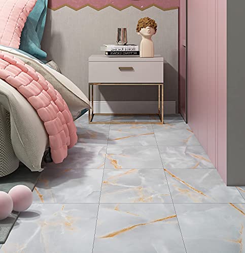 FunStick Marble Peel and Stick Floor Tile for Bathroom 12 x 12 Inch Grey Gold Adhesive Vinyl Flooring Peel and Stick Tile Floor Stickers for Kitchen Renter Bedroom Basement Waterproof Removable 5 Pack
