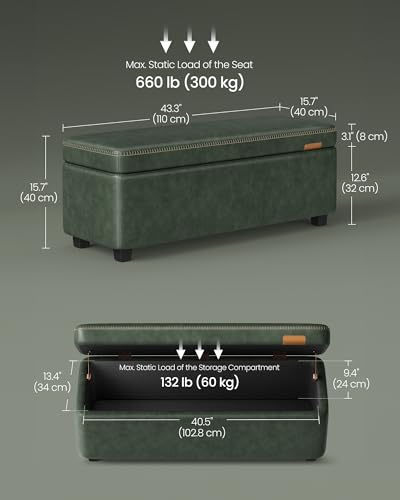 Image of VASAGLE EKHO Collection - Storage Ottoman Bench, Entryway Bedroom Bench, 25 Gallons, Synthetic Leather with Stitching, Mid-Century Modern, Safety Hinges, Loads 660 lb, Forest Green ULOM075C01